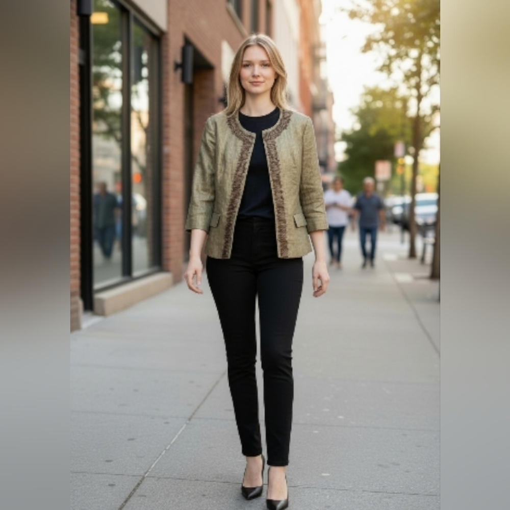 Chico's Elegamt Gold Shot Green Open Front Jacket Versatile Fashion Size 2 Med